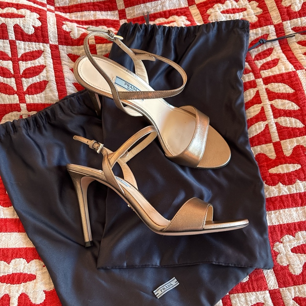 Champagne gold Prada adjustable strap high heel sandal